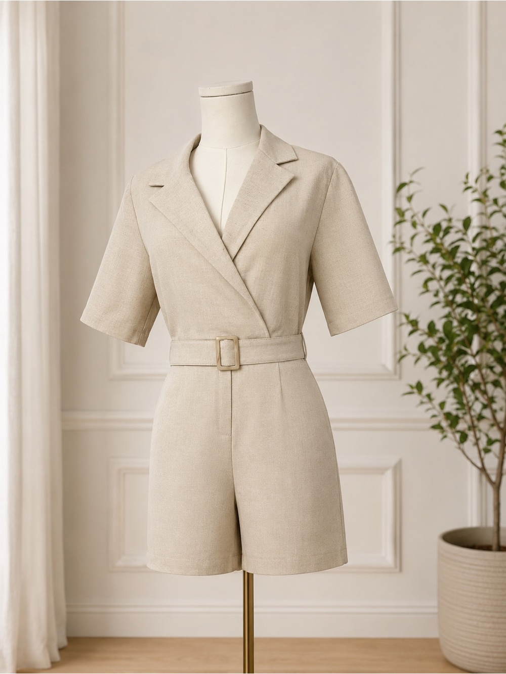 Steve Madden Beige Tailored Short-Sleeve Belted Romper